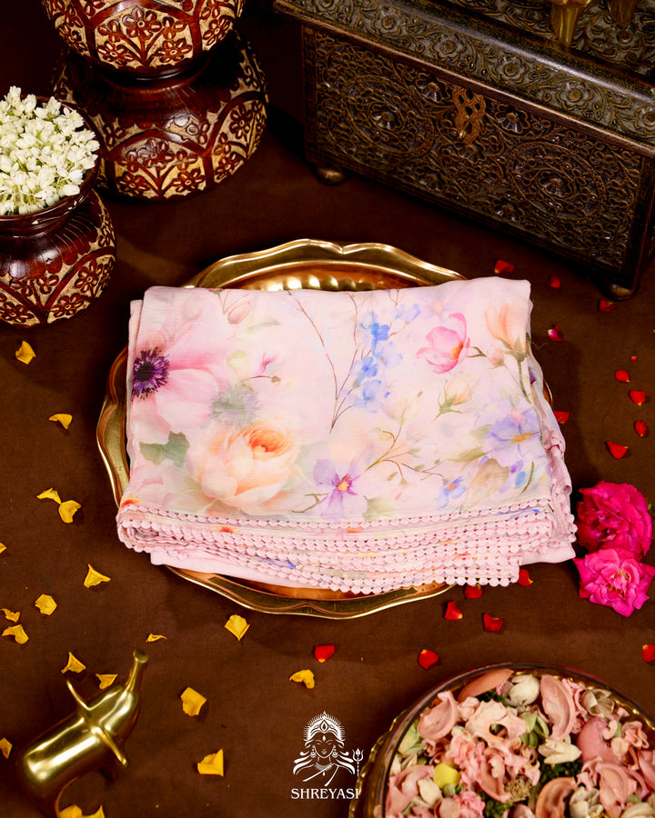 Pure Chiffon Floral Saree with Crochet Embroidery Border