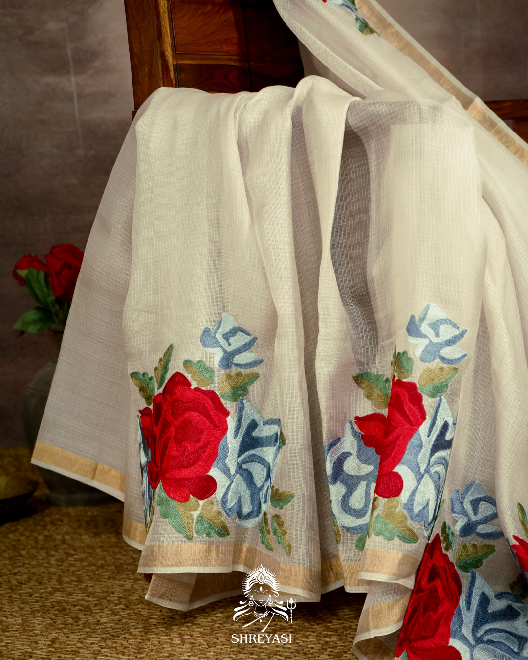 Handloom Pure Silk Kota Saree with Resham Floral Embroidery