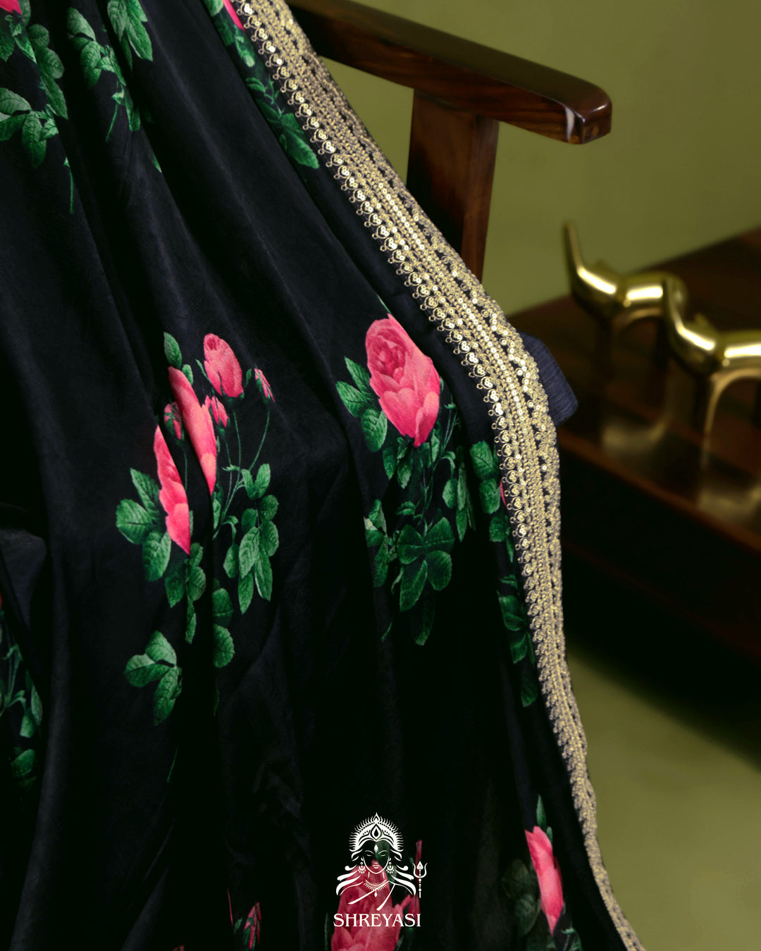 Black Chinon Satin Floral Saree with Embroidered Border