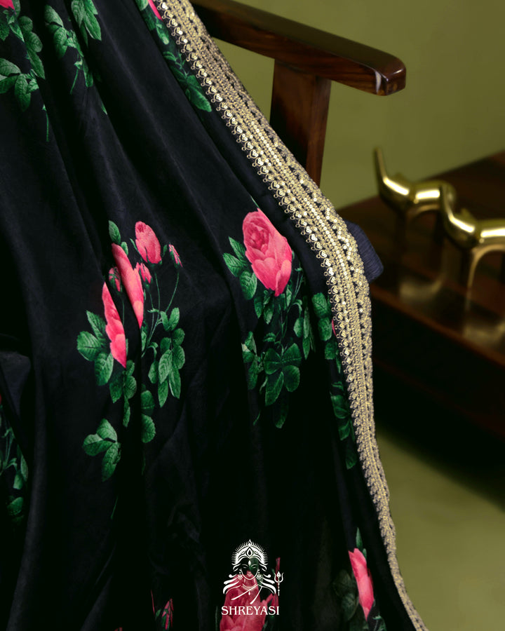 Black Chinon Satin Floral Saree with Embroidered Border