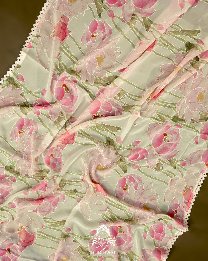 Pure Georgette Floral Saree with Thread Embroidery and Micro Sequins