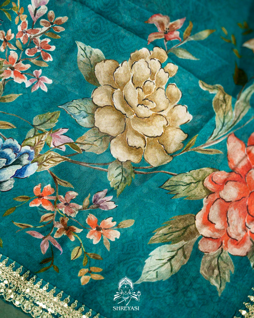 Floral Crepe Chiffon Saree with Embroidered Borders