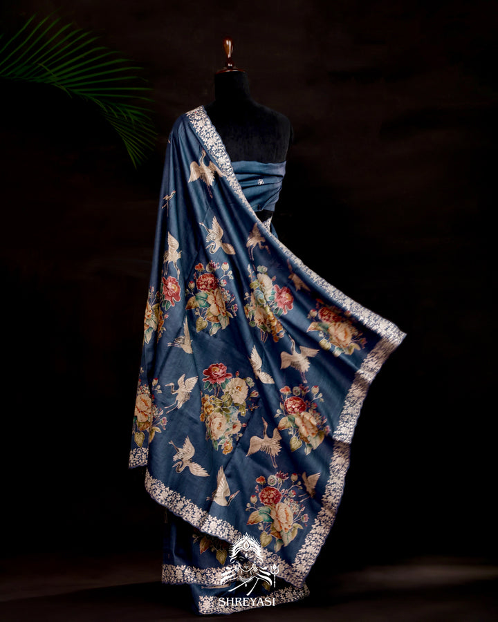 Handloom pure tussar silk saree in deep sapphire with digital floral prints and pita embroidery