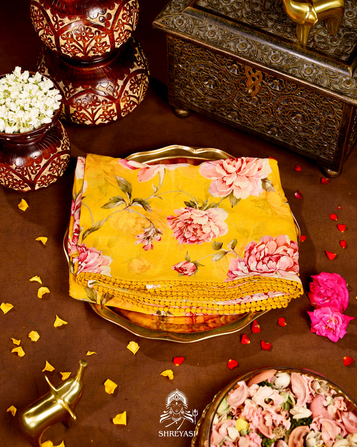 Pure Chiffon Floral Saree with Crochet Embroidery Border