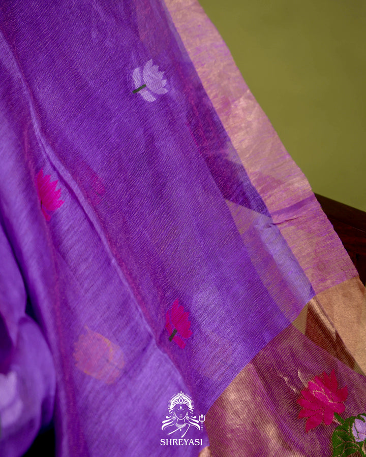 Handloom Silk Linen Jamdani Saree with Tissue Paithani Pallu