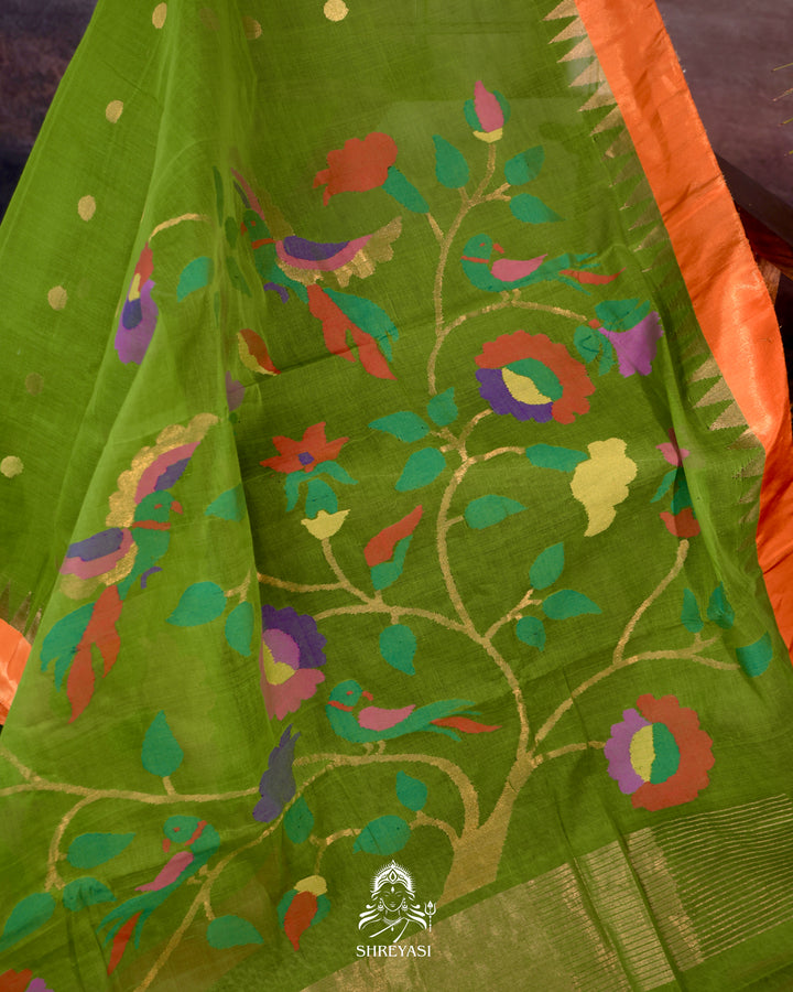 Handwoven Pure Ponduru Khadi Jamdani Saree in Fresh Leaf Green with Woven Floral & Bird Pallu