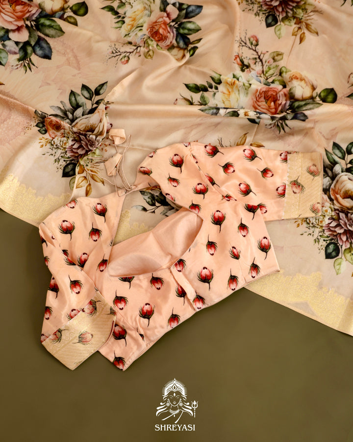 Banarasi Chiniya Silk Saree with Floral Body and Scalloped Zari Border