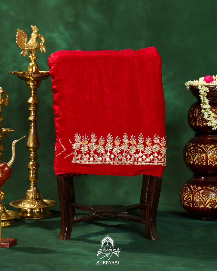Handloom Pure Gaji Silk Saree with Hand-Knotted Bandhej, Gharchola Pallu & Heavy Gota Patti Embroidery