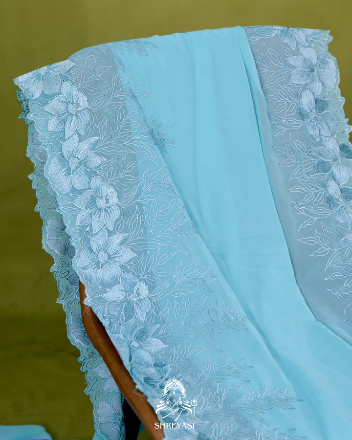 Soft Georgette Saree with Floral Thread Embroidery Border