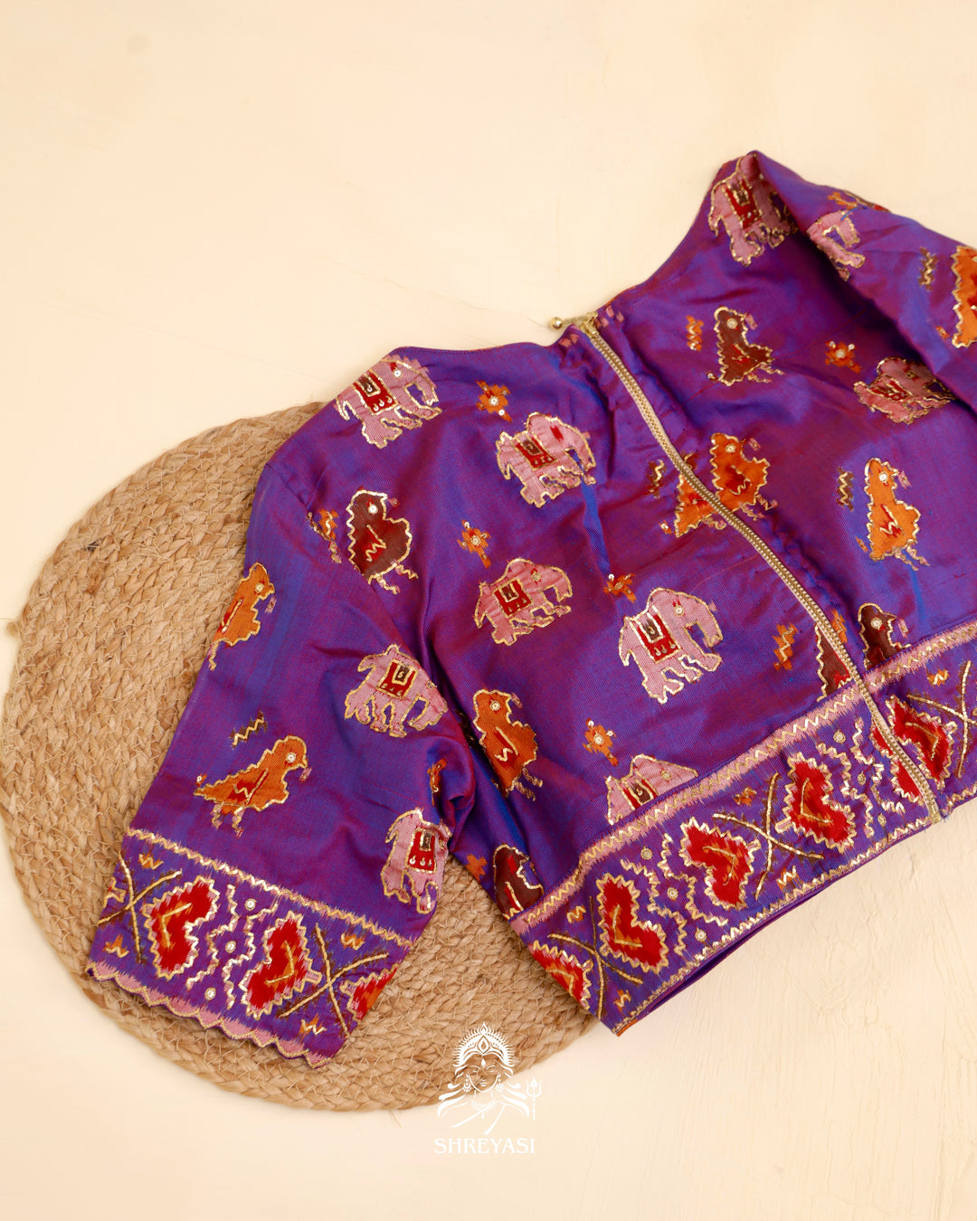 Rajkot Patola single ikat silk blouse with geometric motifs and pita embroidery