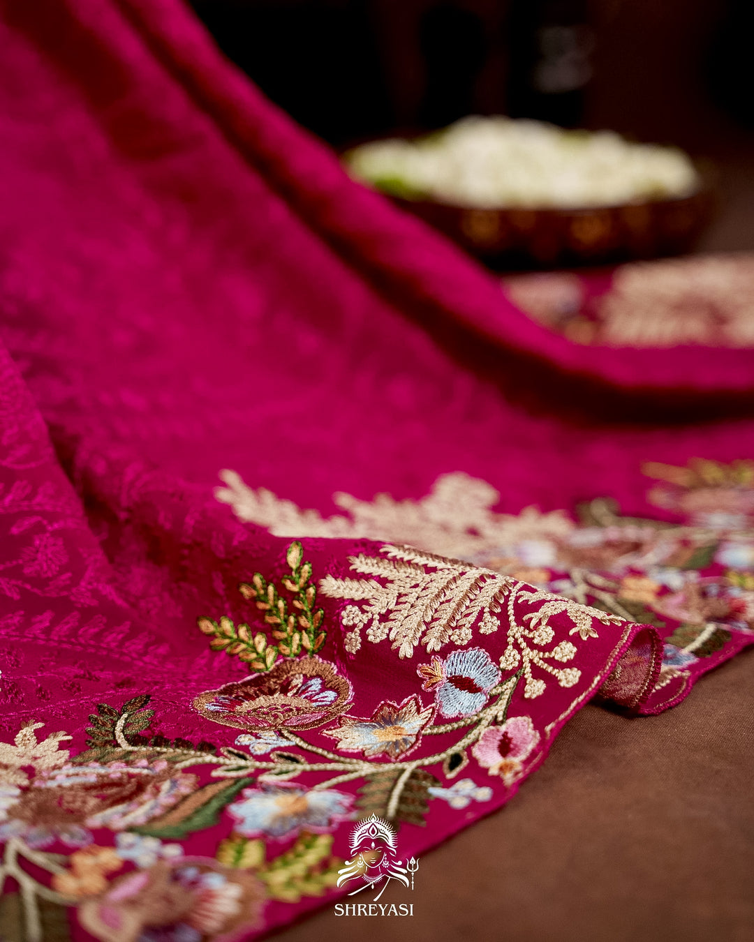 Premium Pure Georgette Chikankari Saree in Jewel Magenta with Embroidered Floral Borders