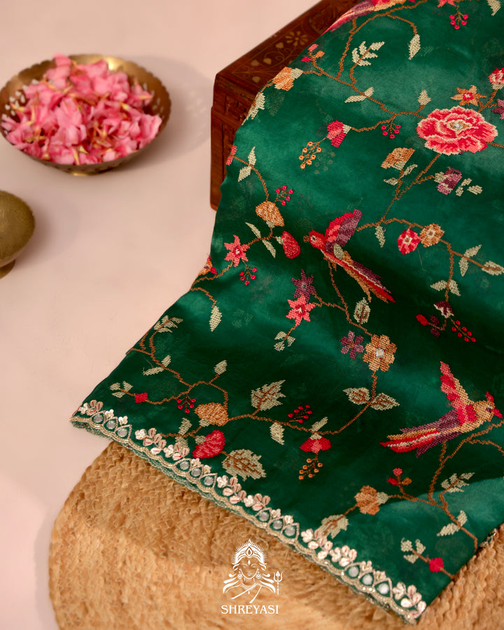 Organza Silk Saree with All-Over Petit Point Embroidery and Gotapatti Border