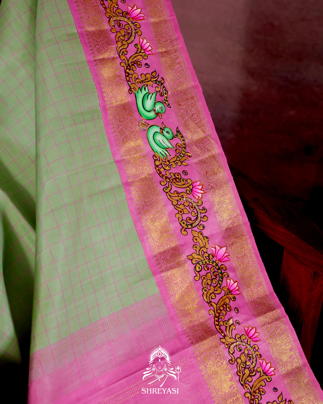 Handloom Pure Kanjivaram Silk Saree in Real Zari with Tanjore Annapakshi and Kamalam Artwork