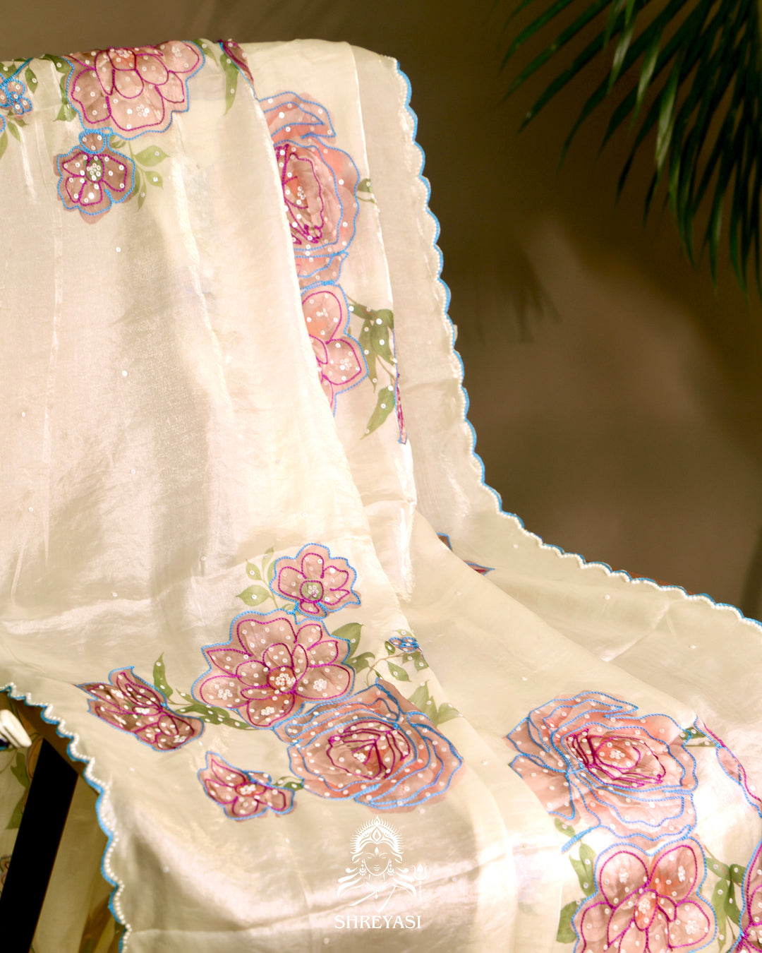 Glass Tissue Saree with Floral Print and  Embroidery