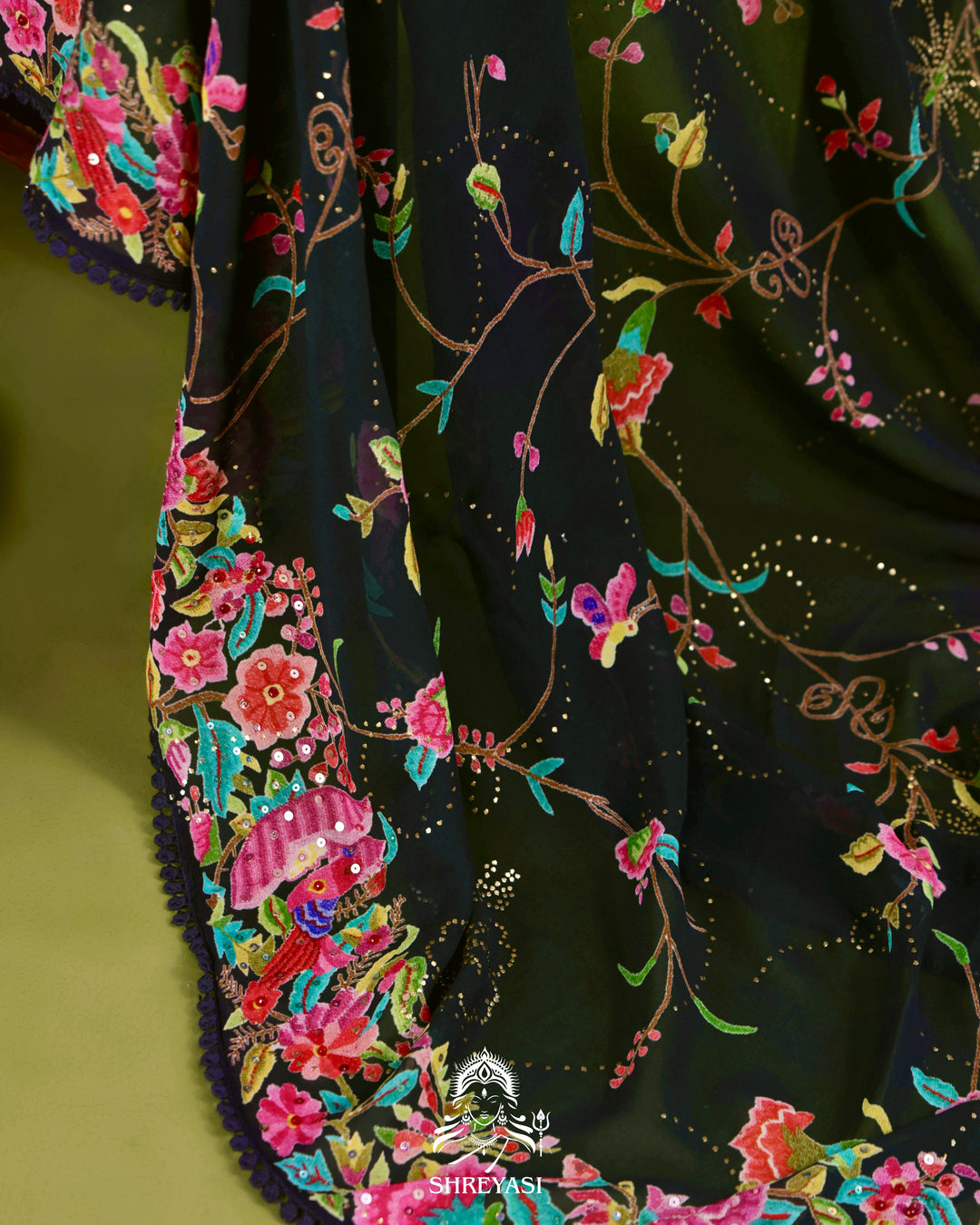 Midnight Floral Pure Georgette Saree with Mukaish, Bead & Sequin Work