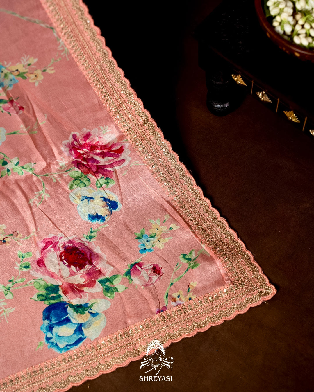 Pure Chinon Satin Saree with Floral Print & Embroidered Scallop Borders
