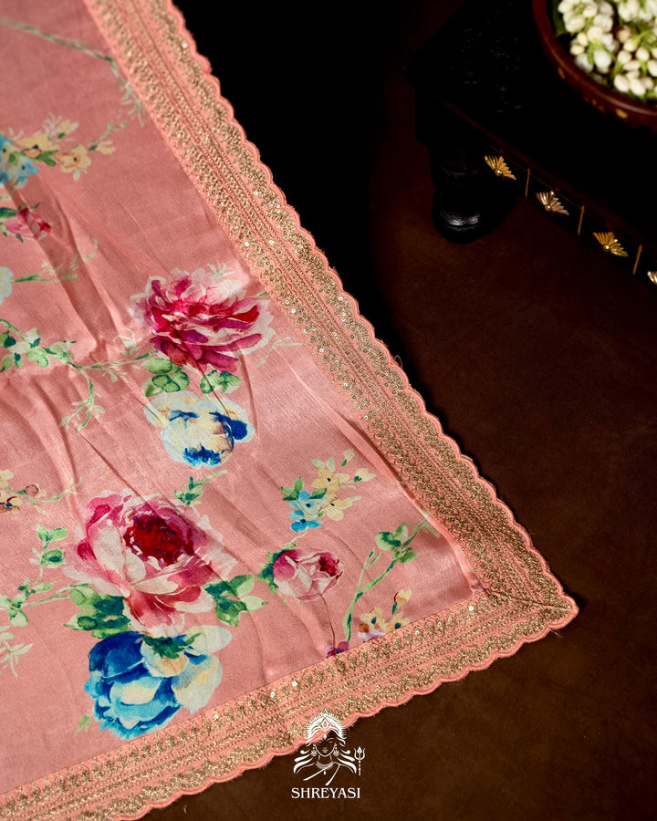Pure Chinon Satin Saree with Floral Print & Embroidered Scallop Borders