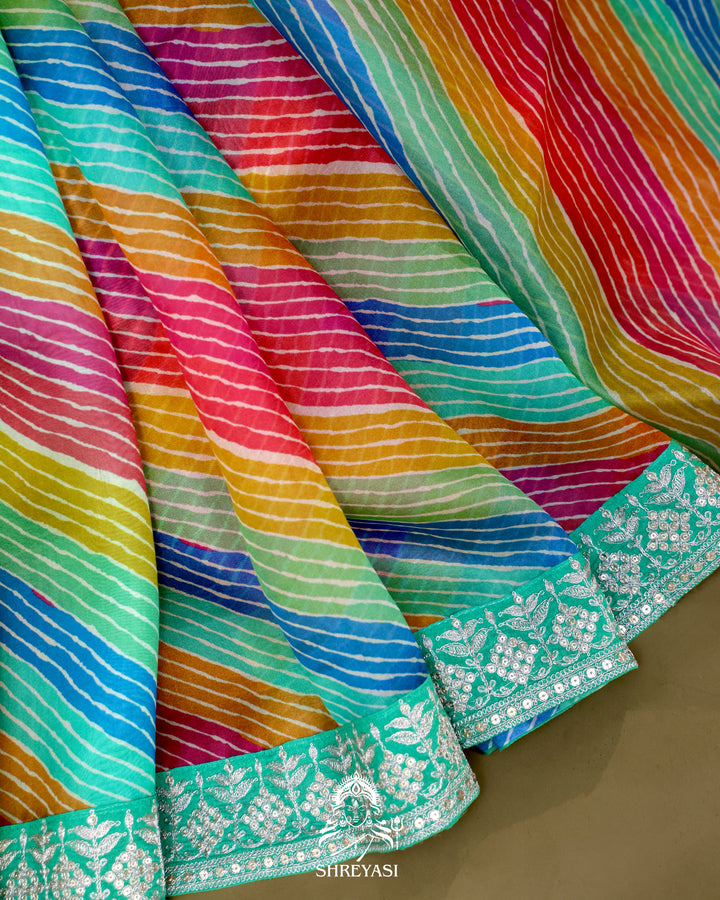 Pure Organza Silk Saree in Multicolor Leheriya with Mint Embroidered Border