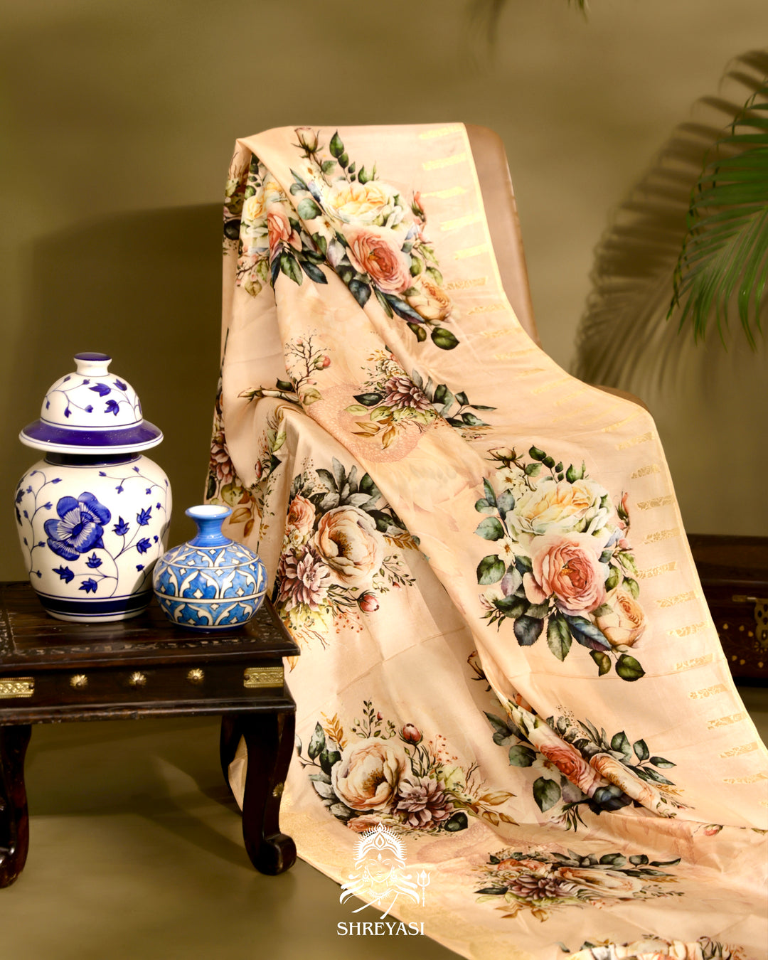 Banarasi Chiniya Silk Saree with Floral Body and Scalloped Zari Border