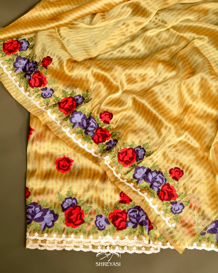 Chanderi Tissue Saree with Pita & Thread Floral Embroidery