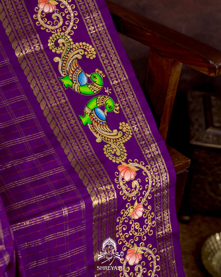 Handloom Pure Kanjivaram Silk Saree in Real Zari with Tanjore Mayil and Kamalam Artwork