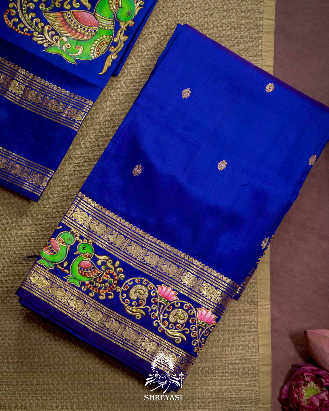 Handloom Pure Kanjivaram Silk Saree in Real Zari with Tanjore Mayil and Kamalam Artwork