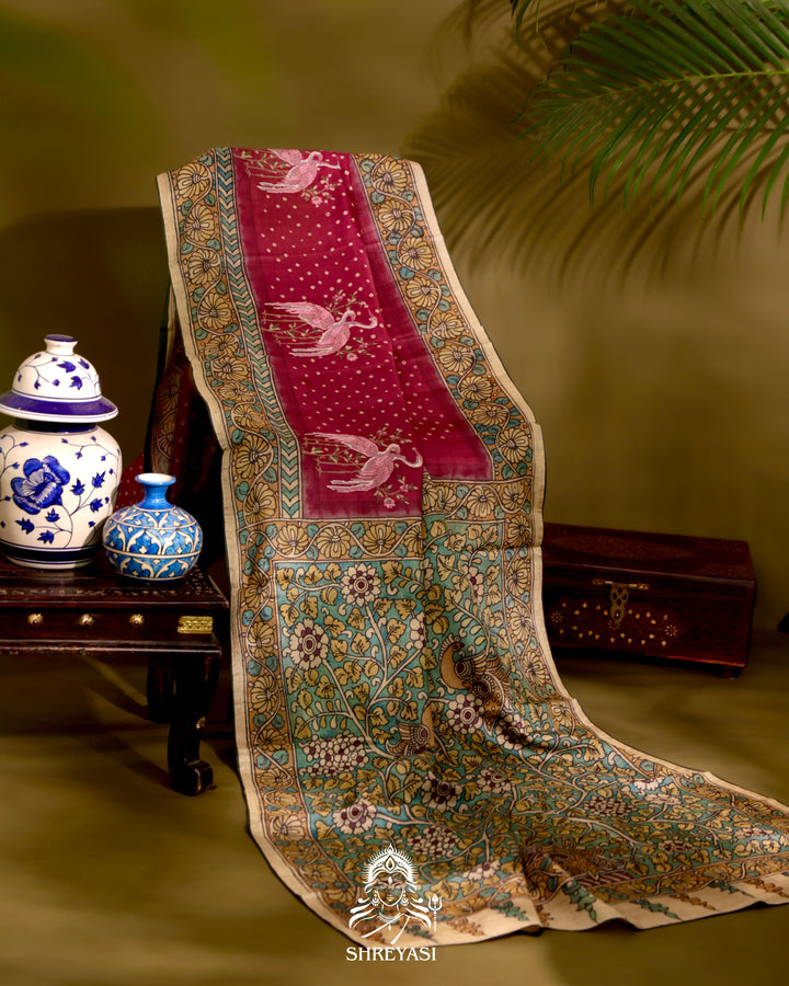 Tussar Silk Bandhej Saree with Pen Kalamkari and Petit Point Embroidery