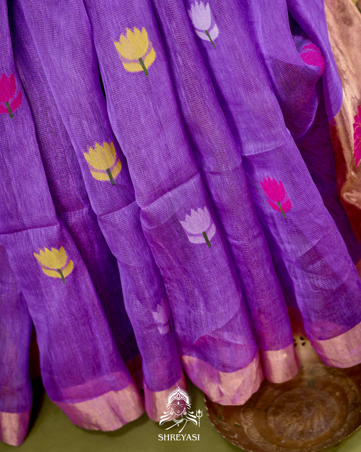 Handloom Silk Linen Jamdani Saree with Tissue Paithani Pallu