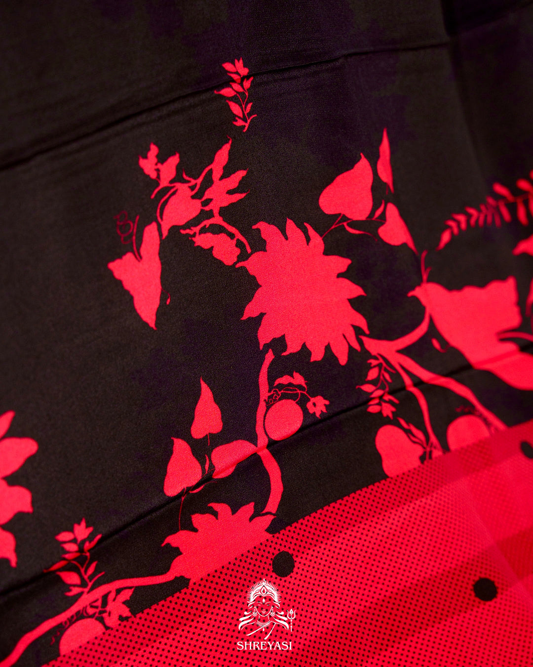 Pure Crepe Floral Saree in Black and Scarlet Red