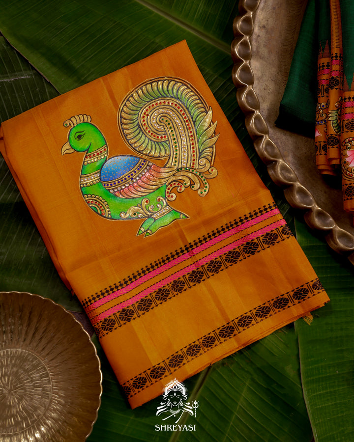 Handloom Pure Kanjivaram Silk Saree in Real Zari with Tanjore Mayil and Kamalam Artwork