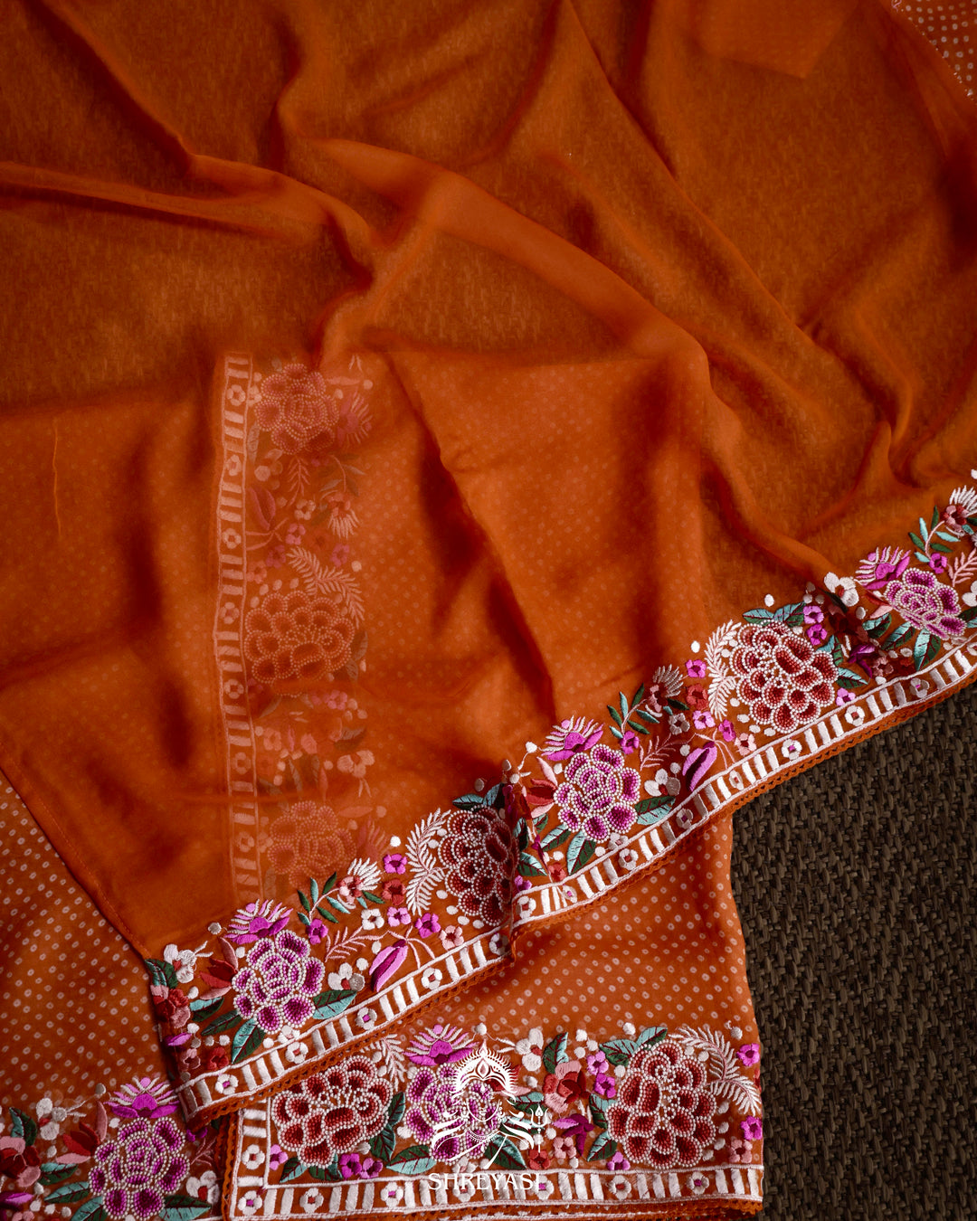 Pure Georgette Saree with Parsi Gara Style Embroidered Borders and Bandhej Body
