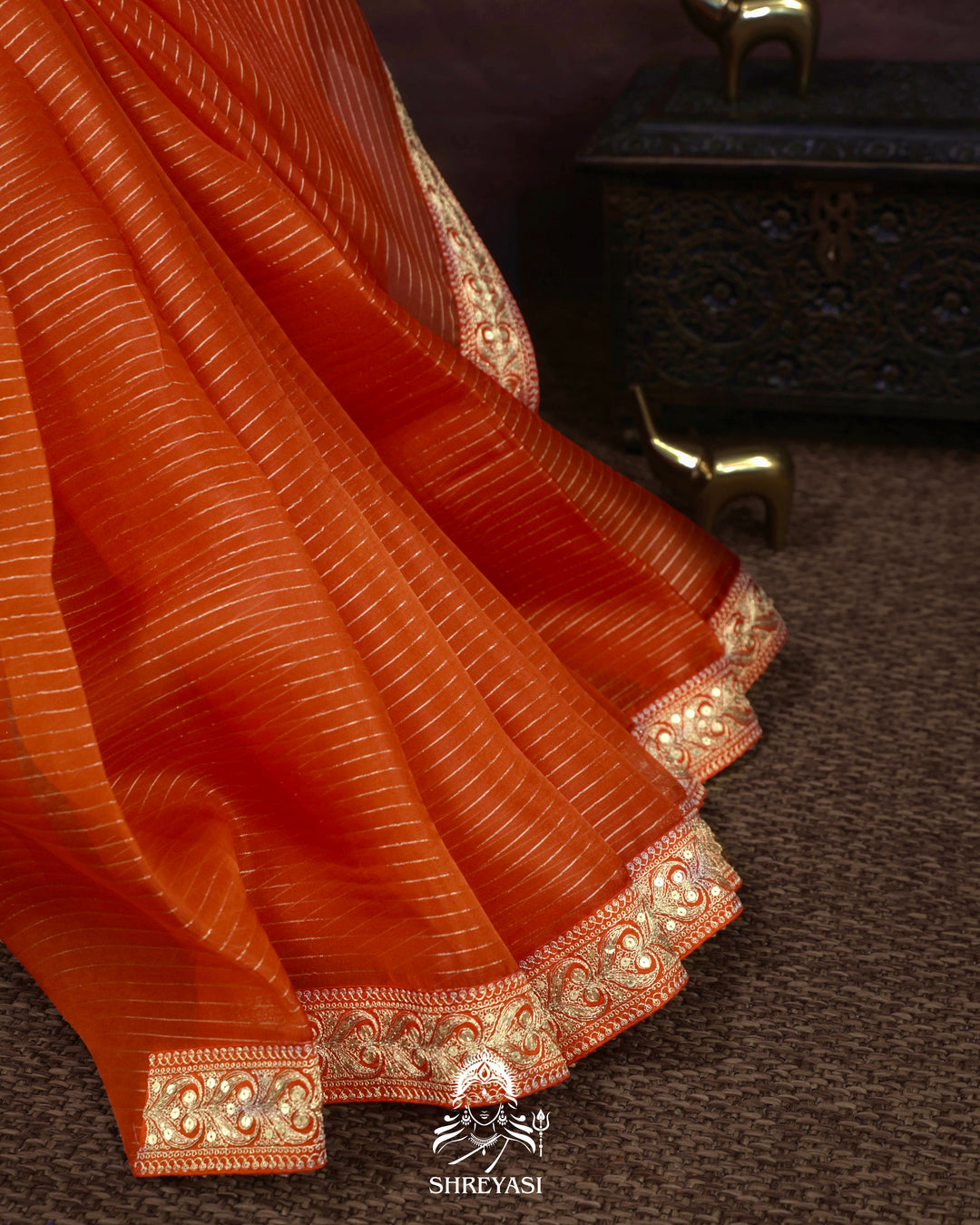 Pure Organza Silk Saree in Orange with Embroidered Border