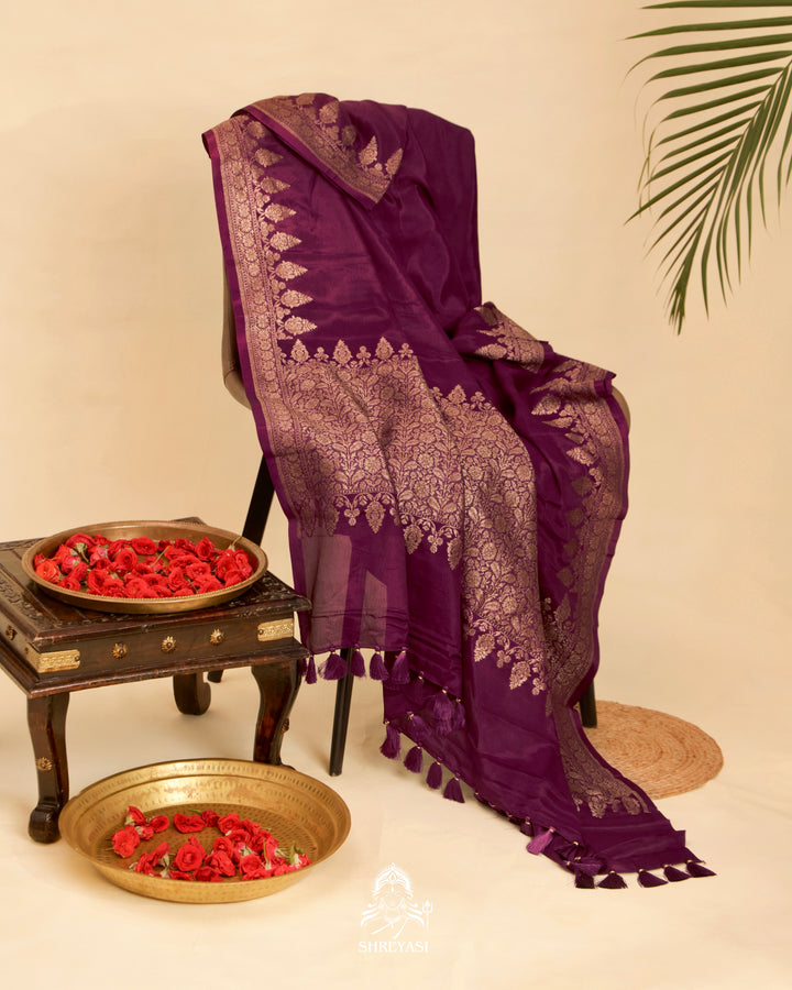 Banarasi Crepe Silk Saree with Floral Embroidered Blouse