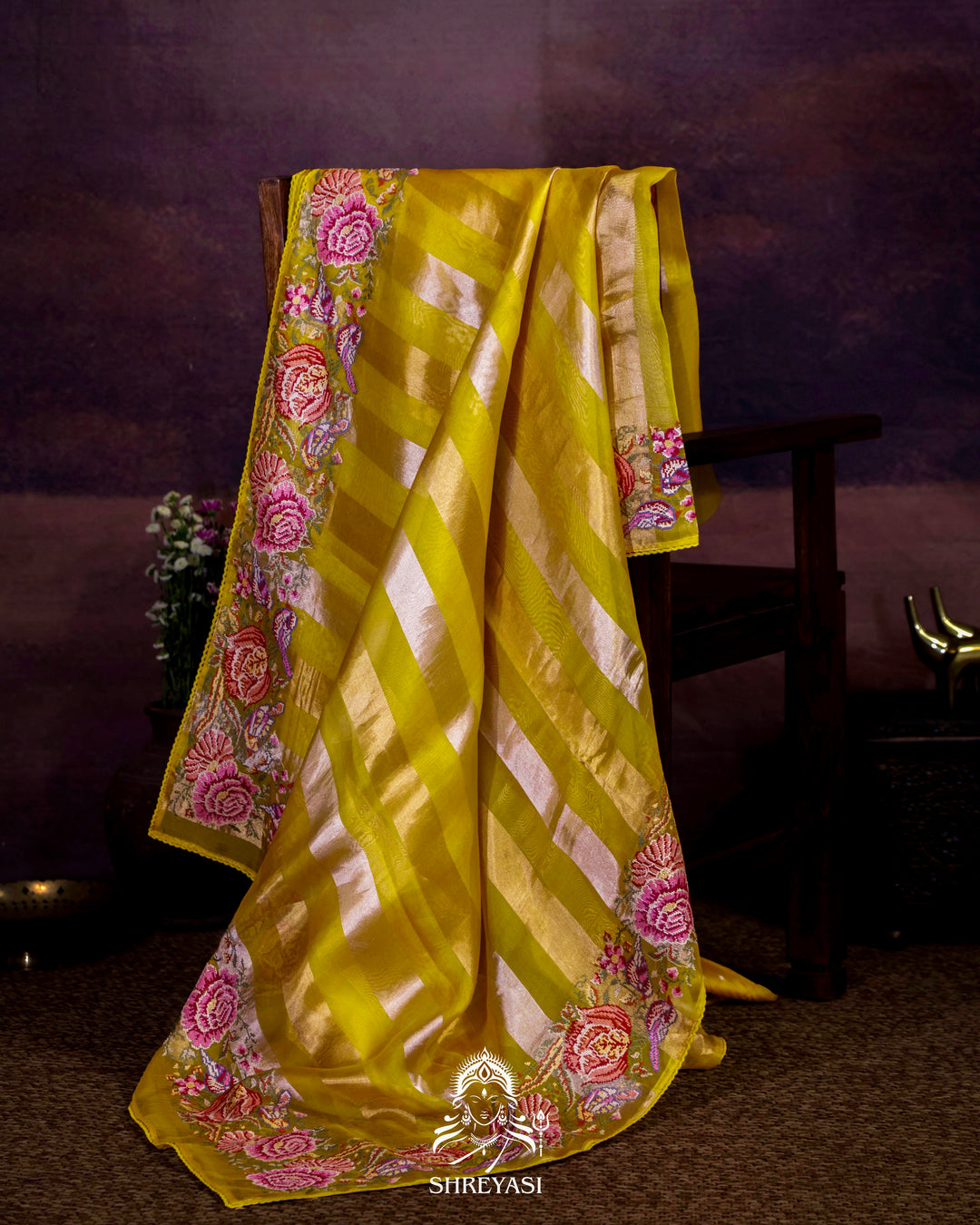 Pure Tissue Silk Saree with Zari Stripes and Petit Point Embroidered Borders