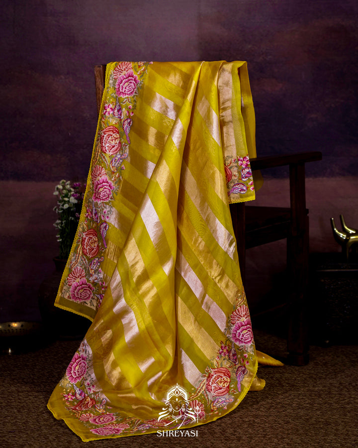 Pure Tissue Silk Saree with Zari Stripes and Petit Point Embroidered Borders