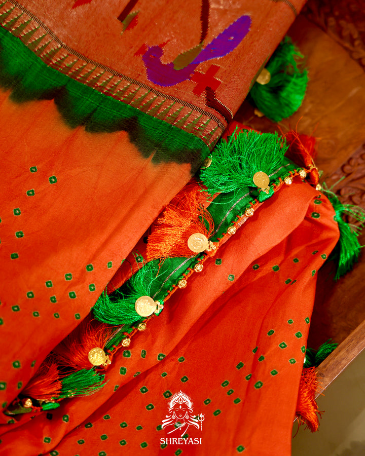 Paithani Bandhini Silk Saree with Parrot Peacock Border