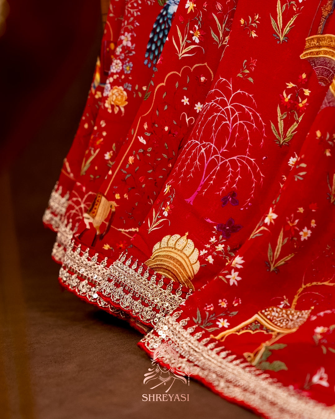Mughal Garden Print Crepe Chinon Saree with Embroidered Border