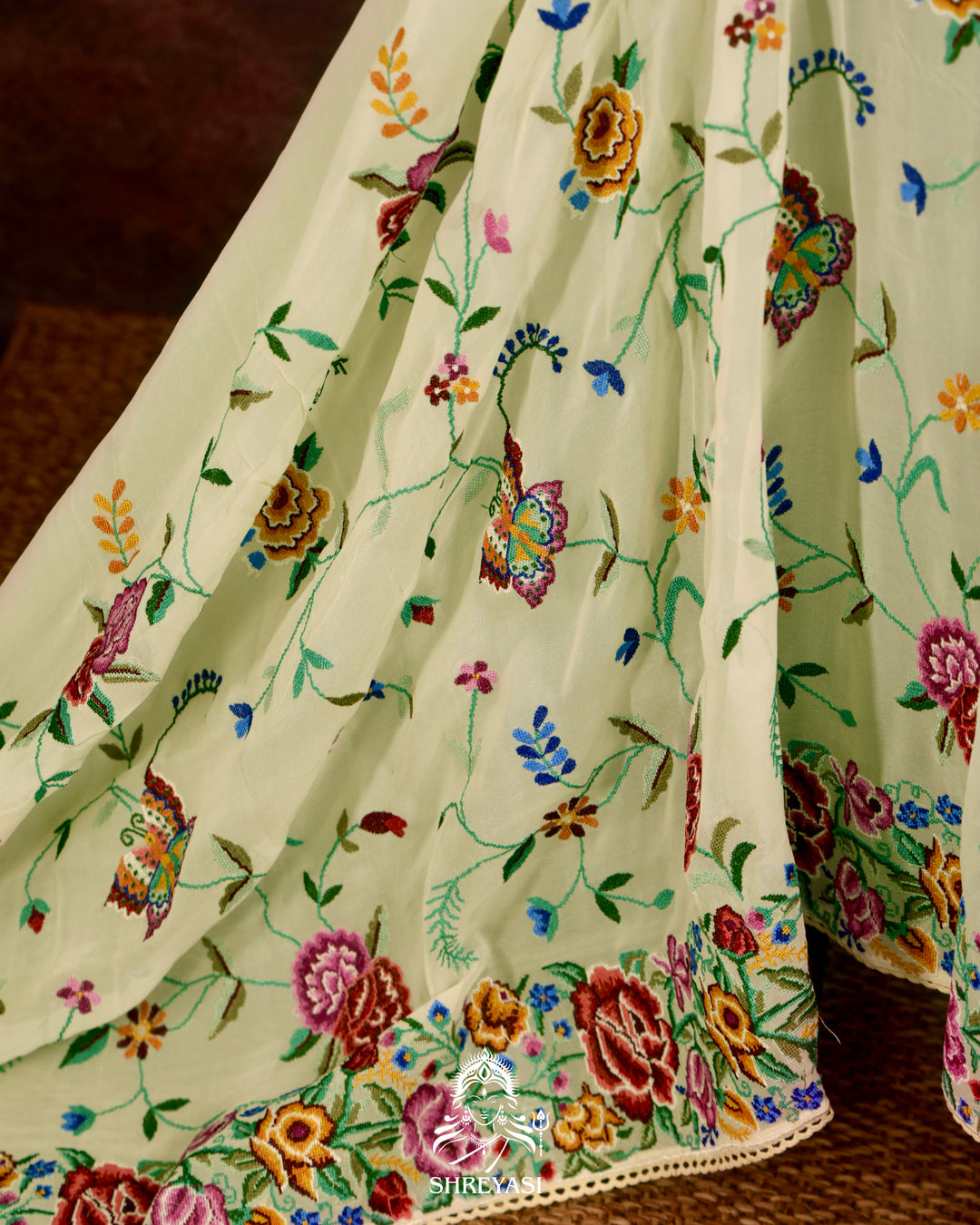 Pure Georgette Saree with Petit Point Embroidery and Lace Borders