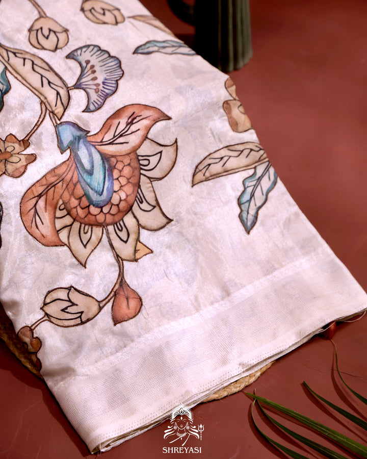 Kota saree with floral kalamkari appliqué work, contrast border, and lightweight breathable drape