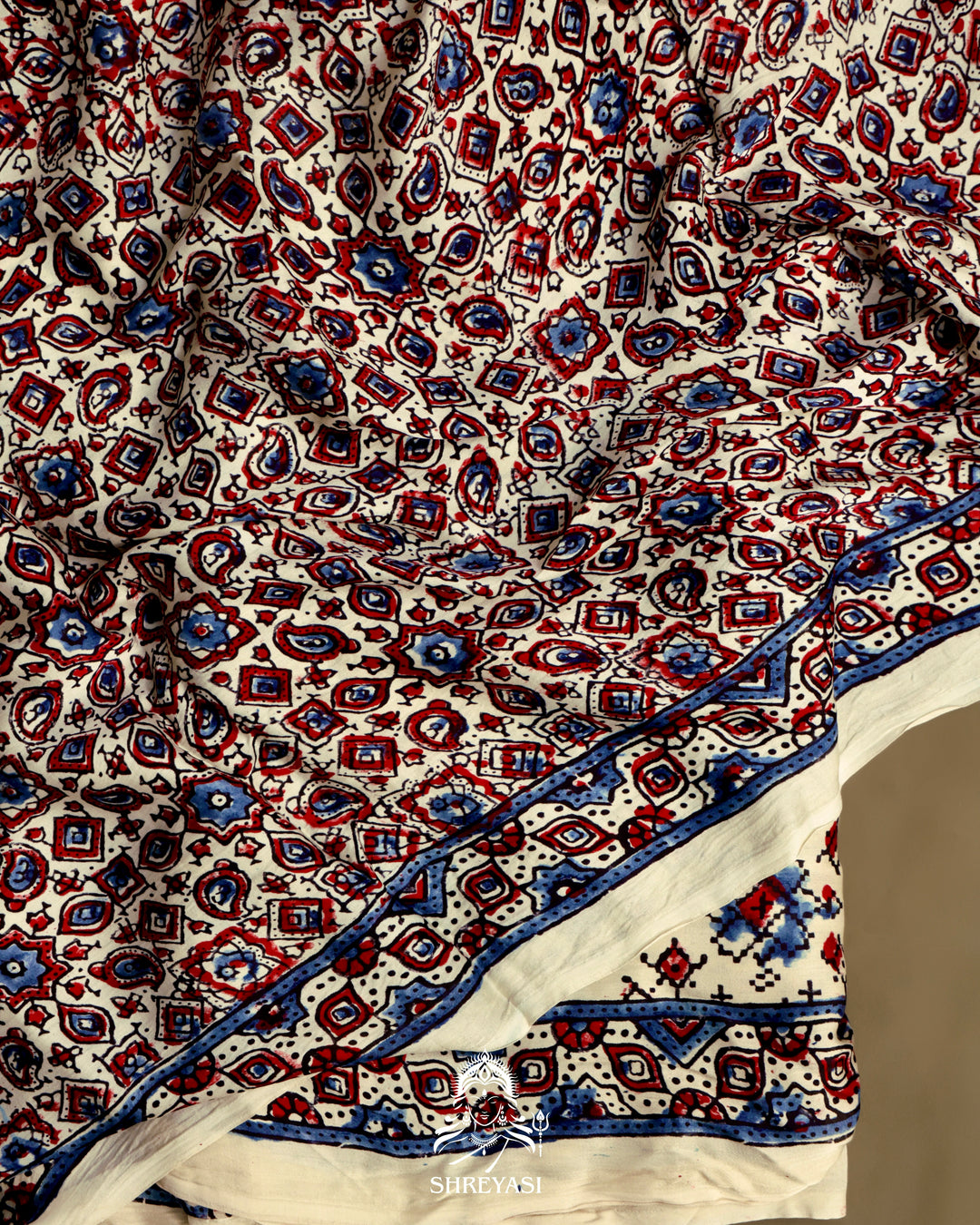 Pure Modal Gaji Silk Lagdi Patta Ivory Blue Ajrakh Saree in Natural Dyes