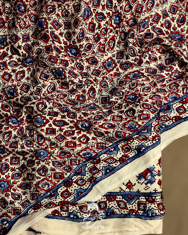 Pure Modal Gaji Silk Lagdi Patta Ivory Blue Ajrakh Saree in Natural Dyes