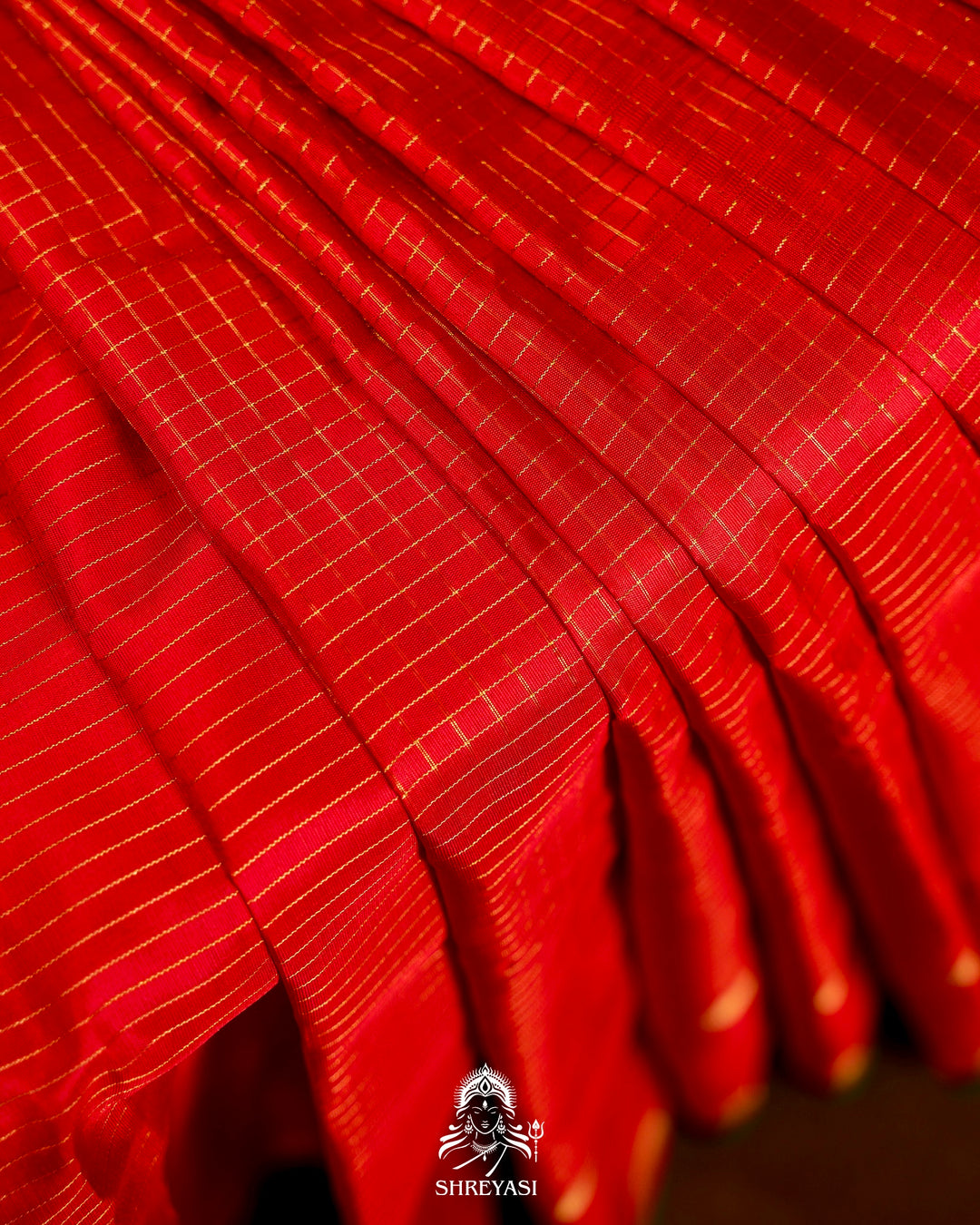 Handloom Pure Gadwal Silk Saree in Crimson Red with Gold Zari Checks