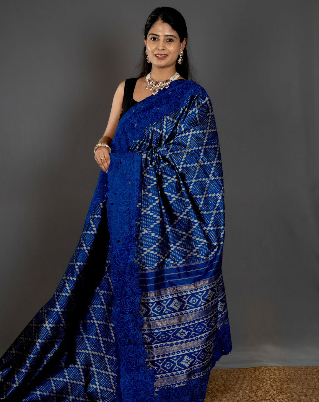 Handloom Pure Patola Silk Saree with Scalloped Floral Appliqué Embroidered Borders