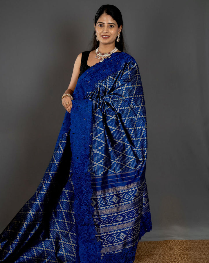 Handloom Pure Patola Silk Saree with Scalloped Floral Appliqué Embroidered Borders