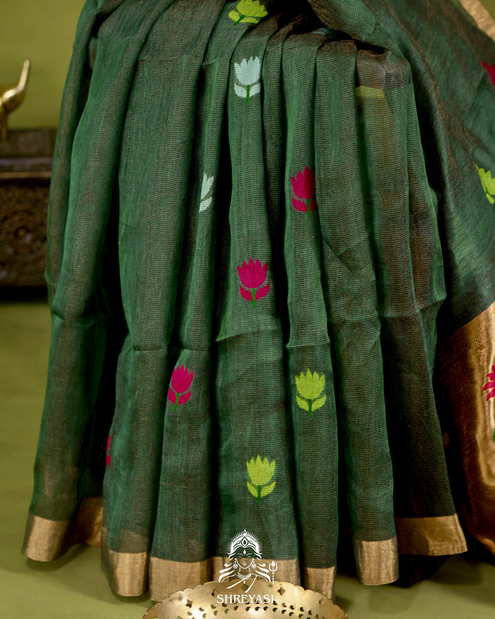 Handloom Silk Linen Jamdani Saree with Tissue Paithani Pallu