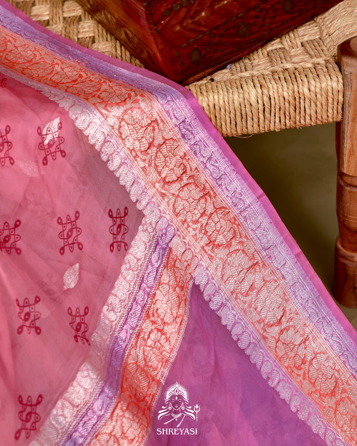Banarasi Khaddi Chiffon Georgette Saree with Hand Block Motifs