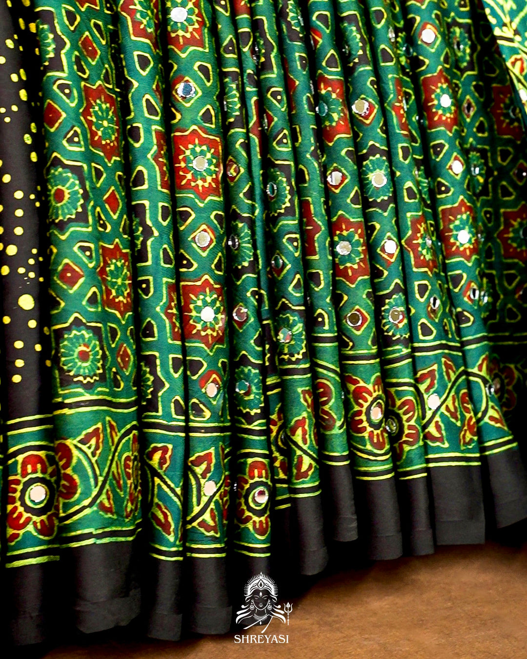 Mirror Work Pure Modal Silk Ajrakh Hand Block Printed Saree | Naturally Dyed Artisan Collection
