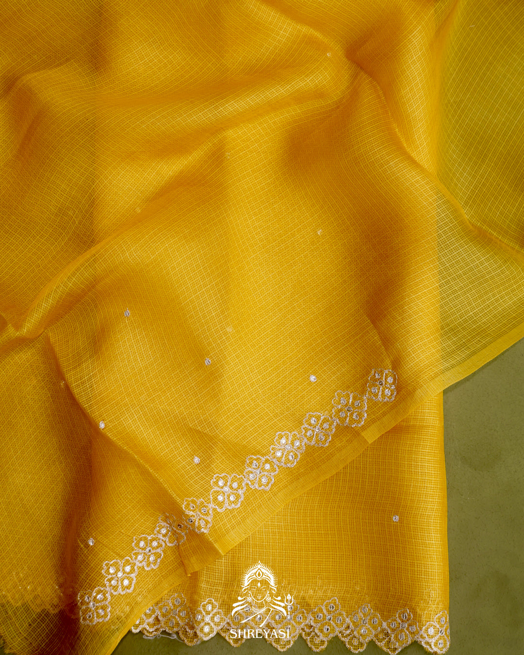 Handloom Pure Tussar Kota Saree with Scalloped Pitta Embroidery Border