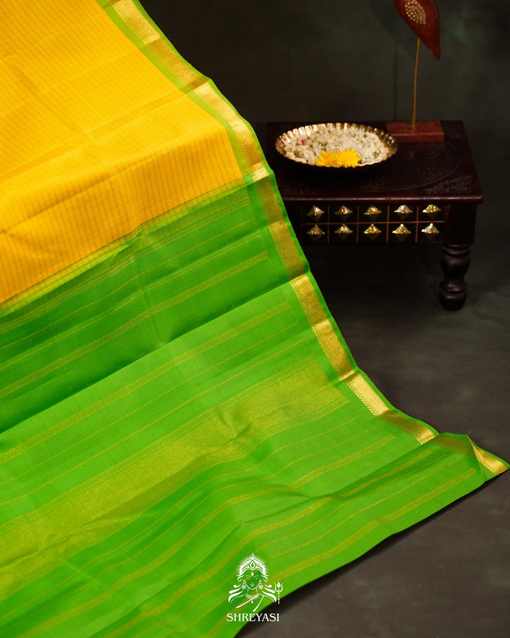 Yellow & Parrot Green Kattam Checks Kanjivaram Silk Saree