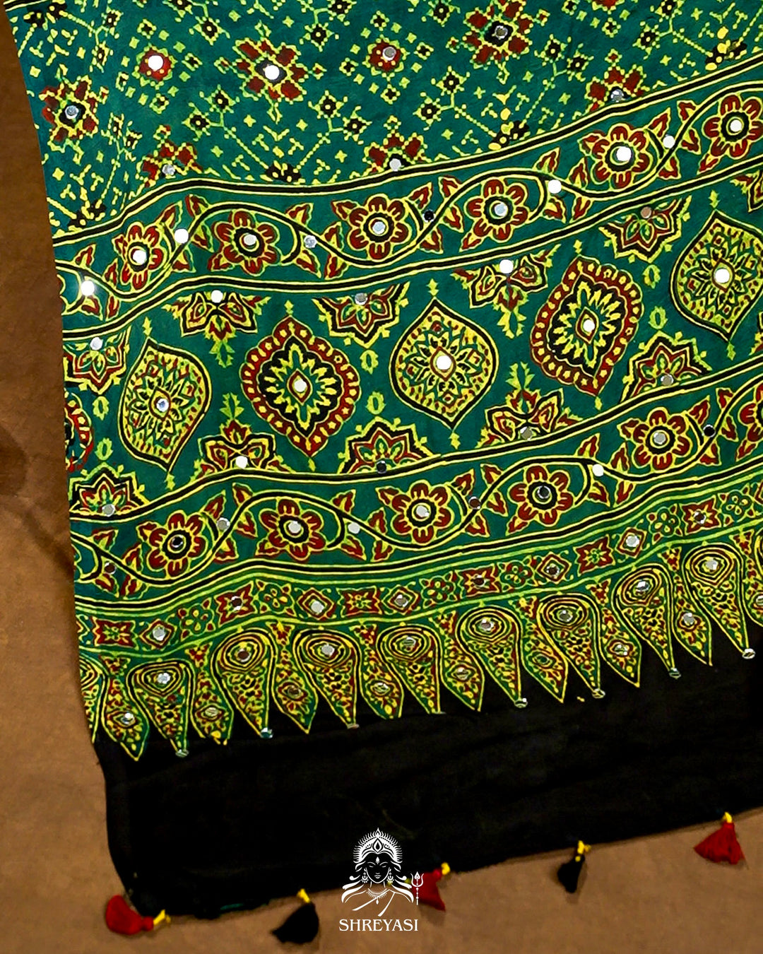 Mirror Work Pure Modal Silk Ajrakh Hand Block Printed Saree | Naturally Dyed Artisan Collection